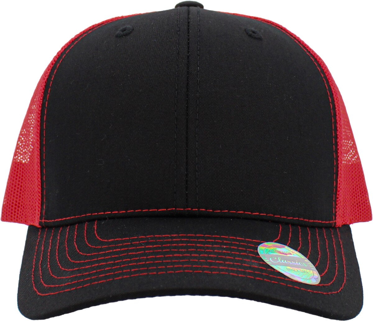 Black Red Two Tone Classic 6 Panel Trucker Mesh Snapback Front View